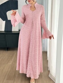 Graceveil Light Pink Lace Stand Collar Long Robe Dress, Flared Long Sleeve Middle Eastern Muslim Maxi Skirt - Pink - View 1