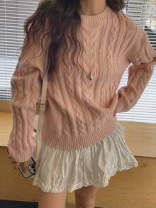 DAZY Solid Color Loose Round Neck Long Sleeve Cable Knit Casual Vintage Korean Style Daily Autumn/Winter Knit Sweater For Women - Pink - View 4