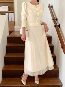 DAZY Patchwork Fitted Long Sleeve Cinched Waist Elegant Formal Korean Style Autumn/Winter Midi Dress For Women Vacation - Apricot - View 6
