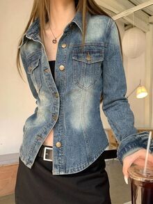 Livesso Women's Long Sleeve Single-Breasted Casual Denim Jacket - Blue - View 1