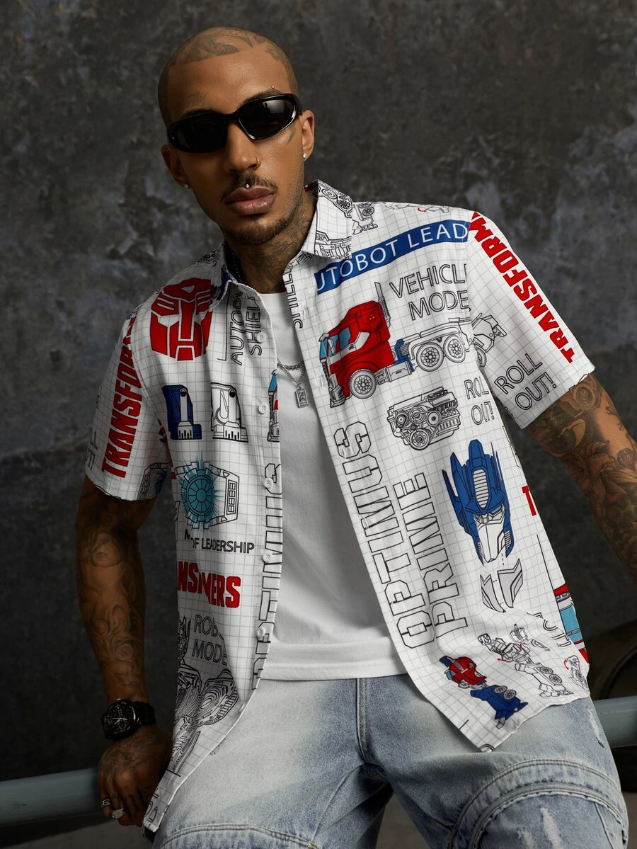 Transformers X SHEIN Men's All-Over Print Casual Versatile Daily Wear Shirt - White - View 1