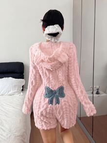 Napfluff Women's Animal-Shaped Hooded Bow Jacquard Velvet One-Piece Pajamas - Pink - View 5