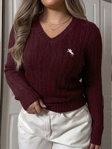 SHEIN EZwear Plus Size Vintage Fashion Embroidered Long Sleeve Pullover Sweater - Burgundy - View 3