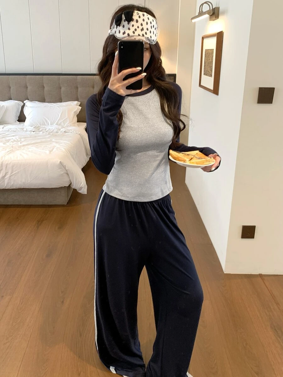 DAZY Set Pakaian Santai Kasual Sehari-hari untuk Wanita: Atasan Lengan Panjang dan Celana dengan Motif Blok Warna - Navy Blue - View 1