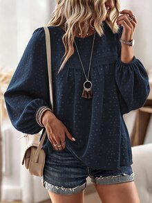 SHEIN Holidaya 女款休閒優雅極簡紋理布料圓領長袖上衣，秋冬春季度假T恤 - 藏蓝色 - 查看 4