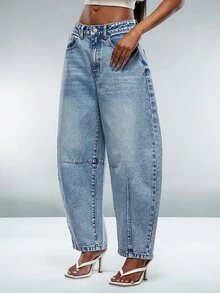 Denimoi Celana Jeans Denim Premium Model Crop Barrel, Cocok untuk Pemakaian Sehari-hari, Kencan Malam, dan Busana Kasual Musim Gugur. - Medium Wash - View 4