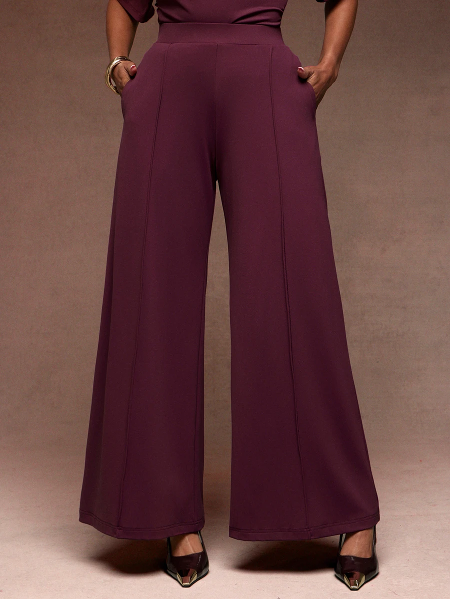 Vixey Women's Solid Color Casual Versatile Wide Leg Pants For Daily Wear - Burgundy - View 1