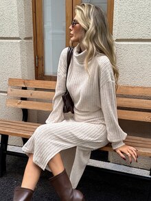 SHEIN LUNE Casual Commuter Women's Mid-Length Long Sleeve Dress, Autumn/Winter Outdoor Outfit - Brown - View 1