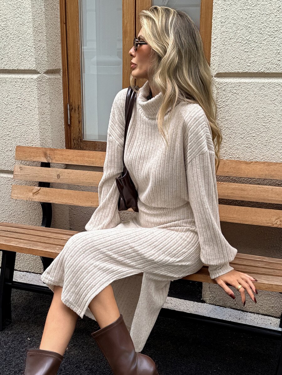 SHEIN LUNE Casual Commuter Women's Mid-Length Long Sleeve Dress, Autumn/Winter Outdoor Outfit - Brown - View 1