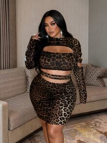 NU&NOW Plus Size Leopard Print Hollow Out Distressed Long Sleeve Bodycon Dress - Multicolor - View 5