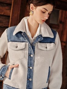 Anewsta Jaket Jeans Biru Patchwork Wol Domba Komposit Mode Baru untuk Wanita - Krem - View 3