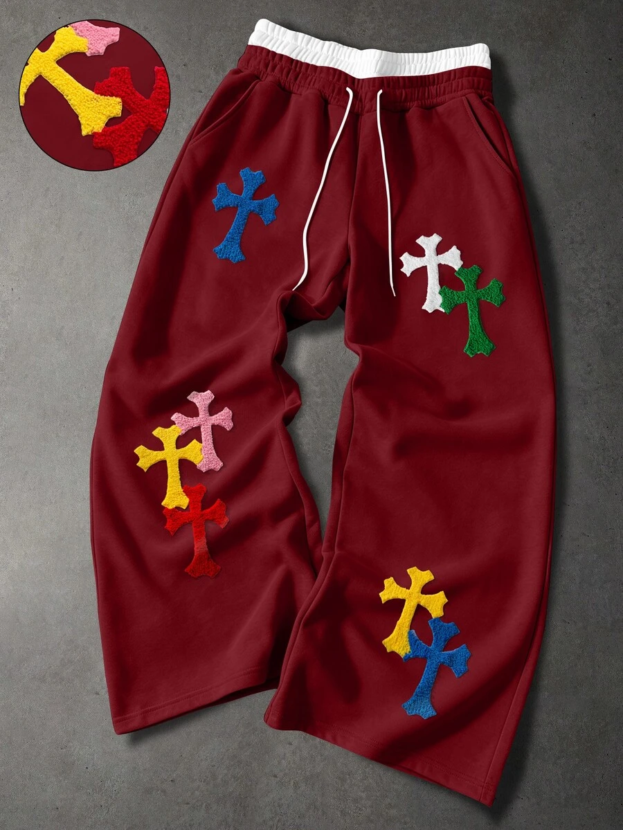 PAVTROS Men's Cross Embroidered Drawstring Waist Pockets Loose Casual Sweatpants Wide Leg - Red - View 1