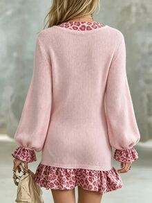 Glimmora Gaun Rajut Kasual Wanita Model V-Neck Motif Leopard Colorblock untuk Sehari-hari - Berwarna merah muda - View 2