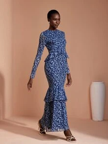JIAN LASALA Gaun Panjang Elegan dengan Lengan Panjang Berbahan Jala dan Model Bustier Bentuk Hati, Detail Kerut dan Lapisan Ruffle Ganda - Biru - View 3
