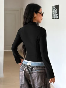 StreetHx Women's Solid Color Zip-Up Fitted Versatile Daily Casual Streetwear Streetstyle Long Sleeve Jacket Night Black Autumn - Black - View 2