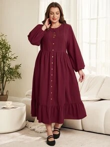 EMERY ROSE Plus Size Burgundy Ruched Button Front Ruffle Round Neck Long Sleeve Dress Fall Winter 2026 - Burgundy - View 7