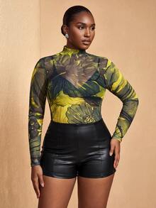JIAN LASALA Sexy Floral Printed Sheer Mesh Plus Size Top Long Sleeve Stand Collar Slim Fit Yellow Summer - Multicolor - View 1