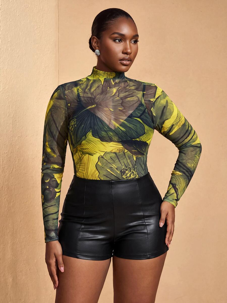 JIAN LASALA Sexy Floral Printed Sheer Mesh Plus Size Top Long Sleeve Stand Collar Slim Fit Yellow Summer - Multicolor - View 1