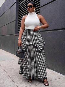 Slaydiva Rok Panjang Asimetris Berlapis Ganda Motif Houndstooth Hitam Putih untuk Kencan Harian, Ukuran Plus - Hitam dan Putih - View 6