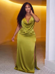 Slaydiva New Olive Green Satin High Neck Backless Spaghetti Strap Dress With High Slit And Pleated Design, Perfect For Dates, Parties, Cocktail Events, Weddings, Birthday Parties, Vacations And Formal Occasions - Olive Green - View 8