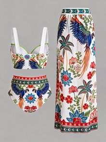 Swim Oasis 女款夏季海灘花卉印花性感時尚比基尼兩件式泳衣套裝，附外罩衫與長褲 - 彩色 - 查看 2