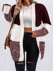SHEIN LUNE Plus Size Women's Colorblock Casual Versatile Daily Wear Cardigan - Burgundy - View 1