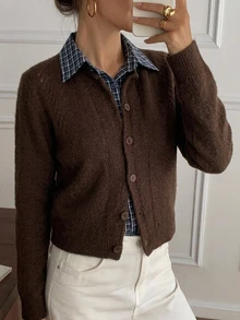 Strévra Women's Casual Plaid Patchwork Cardigan, Autumn/Winter Long Sleeve Tops - Brown - View 1