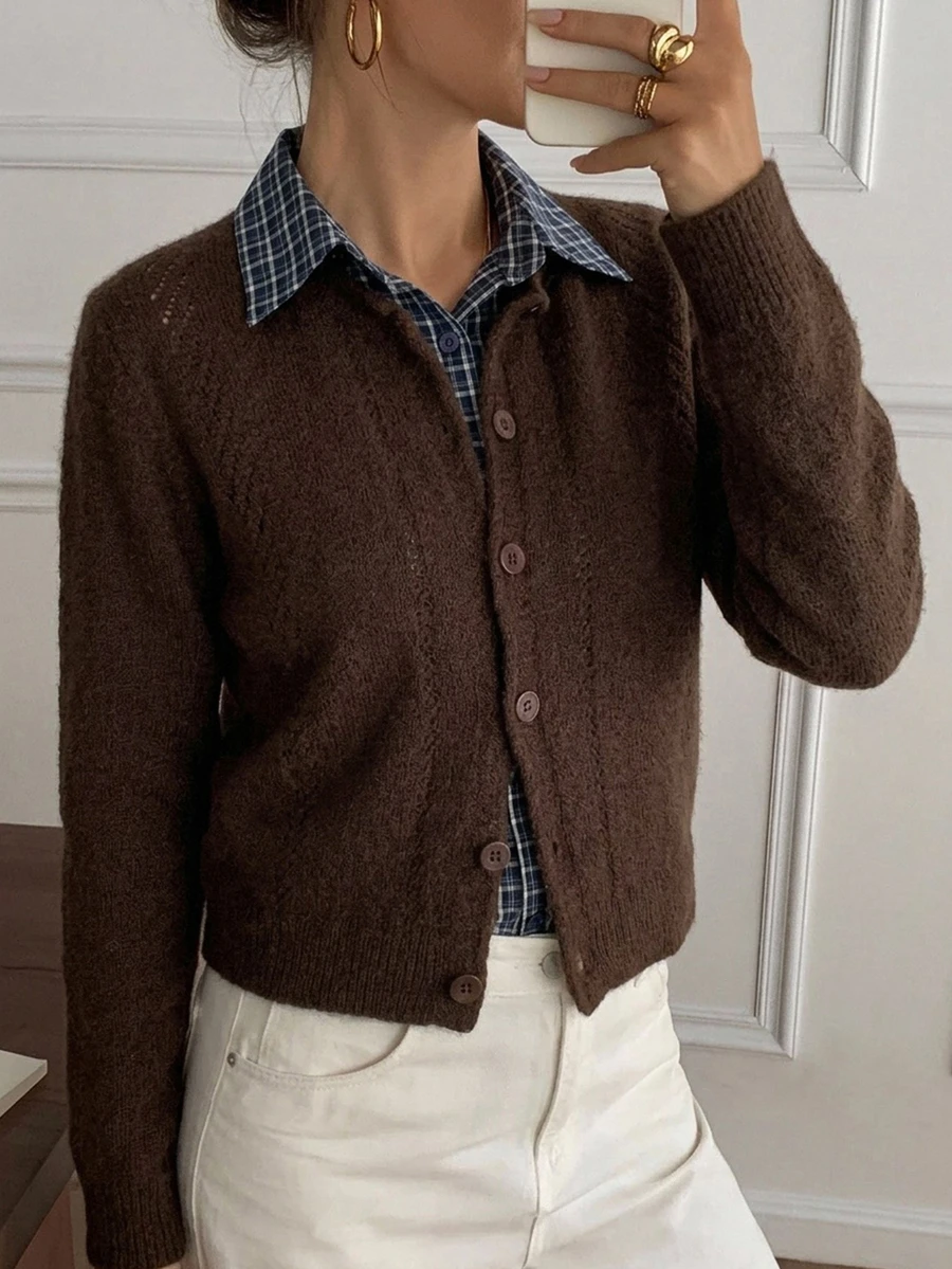 Strévra Women's Casual Plaid Patchwork Cardigan, Autumn/Winter Long Sleeve Tops - Brown - View 1