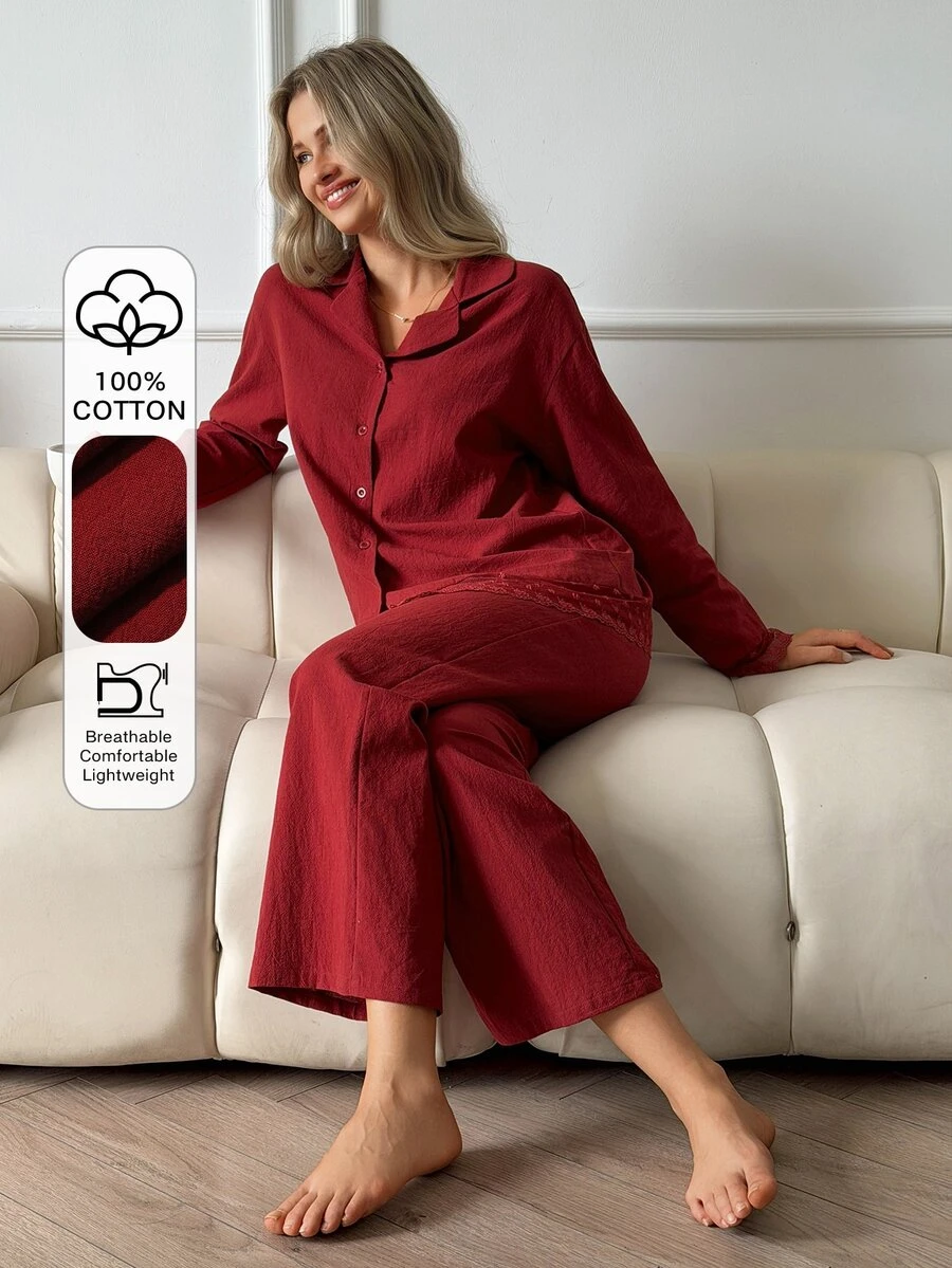 DAZY Women's Lace Patchwork Long Sleeve Top And Pants Casual Daily Home Sleepwear Set - Red - View 1