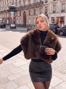 SHEIN Winter Faux Fox Fur Shawl Style Coat - Coffee Brown - View 5
