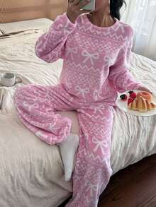 SHEIN European & American Fluffy Pajama Set For Women, Autumn/Winter Premium Flannel Loungewear - Pink - View 1