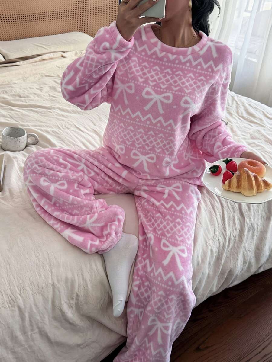 SHEIN European & American Fluffy Pajama Set For Women, Autumn/Winter Premium Flannel Loungewear - Pink - View 1