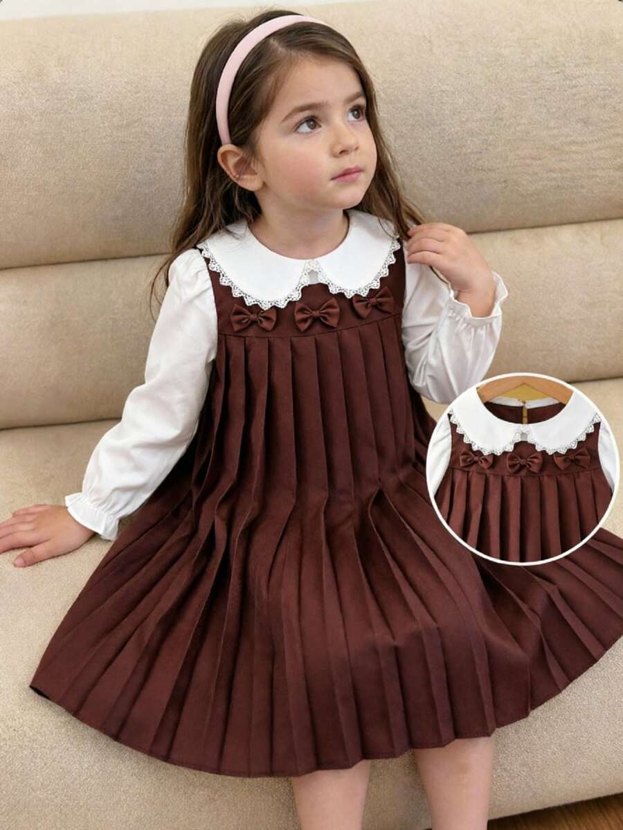 Elladie kids 女童復古蕾絲領襯衫與百褶背心裙套裝，學院風校園風格 - 咖啡棕 - 查看 1