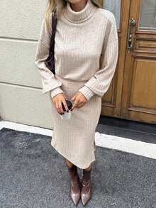 SHEIN LUNE Casual Commuter Women's Mid-Length Long Sleeve Dress, Autumn/Winter Outdoor Outfit - Brown - View 5