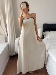Napfluff Solid Color Casual Loose Contrast Color Spaghetti Strap Women's Loungewear Dress - Apricot - View 4