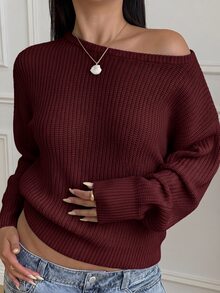 SHEIN 青少年女孩休閒條紋針織毛衣，簡約時尚，適合日常穿著，秋冬季 - 酒紅色 - 查看 5
