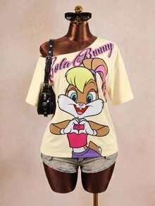 LOONEY TUNES X SHEIN 女款字母卡通印花不對稱肩休閒日常短袖T恤 - 黃色 - 查看 7