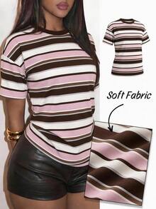Slaydiva 休閒簡約夏季大尺碼女款條紋短袖T恤 - 彩色 - 查看 5