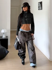 StreetHx Cool Sexy Short Motorcycle Style Eyelet Design Black Short Trench Coat Jacket - Black - View 6