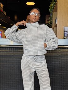 Muchica 女款格紋紋理口袋夾克與休閒長褲套裝，復古格紋圖案，秋冬休閒復古社交服飾，拉鍊式，灰色 - 彩色 - 查看 7