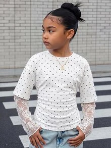 SHEIN 青少年女孩白色針織腰部設計對比蕾絲假兩件式長袖T恤 - 白色 - 查看 1