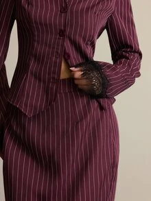 COSMINA Women's V-Neck Striped Long Sleeve Jacket And Skirt Casual Suit Set - Burgundy - View 7
