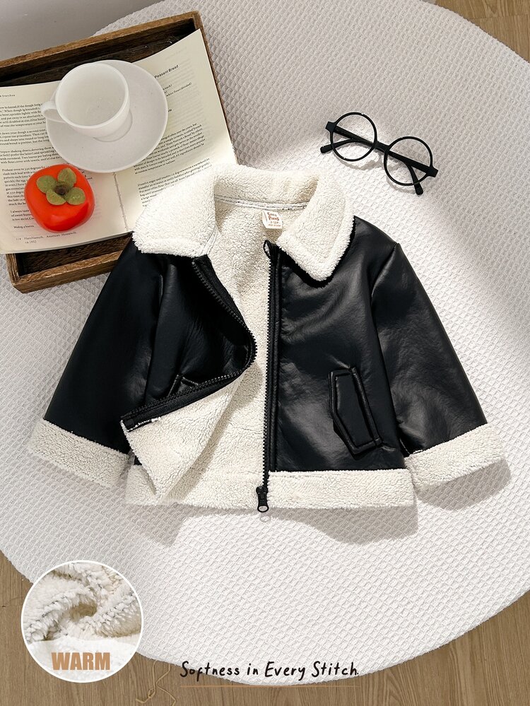 Cozy Pixies Baby Boy Cozy Black Woven PU Leather Fleece Lined Long Sleeve Casual Turn Collar Jacket, Autumn Back To School, Halloween Costume, Versatile Outerwear For Autumn/Winter Street/Outings - Black - View 5
