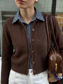 Strévra Women's Casual Plaid Patchwork Cardigan, Autumn/Winter Long Sleeve Tops - Brown - View 6