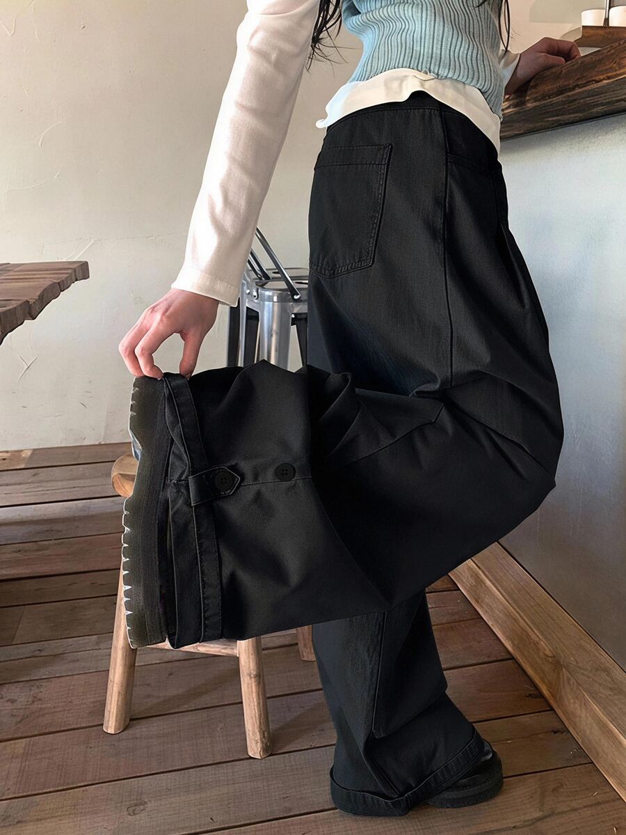 DAZY 女款米色卡其高腰百褶設計寬鬆直筒寬腿休閒百搭工裝褲 秋季 - 黑色 - 查看 1