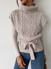 Firerie Women's Cable Knit High Neck Knotted Waist Casual Vest - Apricot - View 7