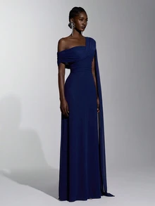 Elitara Gaun Panjang Model A-Line Elegan Berwarna Merah dengan Detail Kerut dan Hiasan Jala Angora, Satu Bahu, untuk Wanita, Cocok untuk Pernikahan, Acara Formal, dan Gaun Pengiring Pengantin. - Navy Blue - View 1