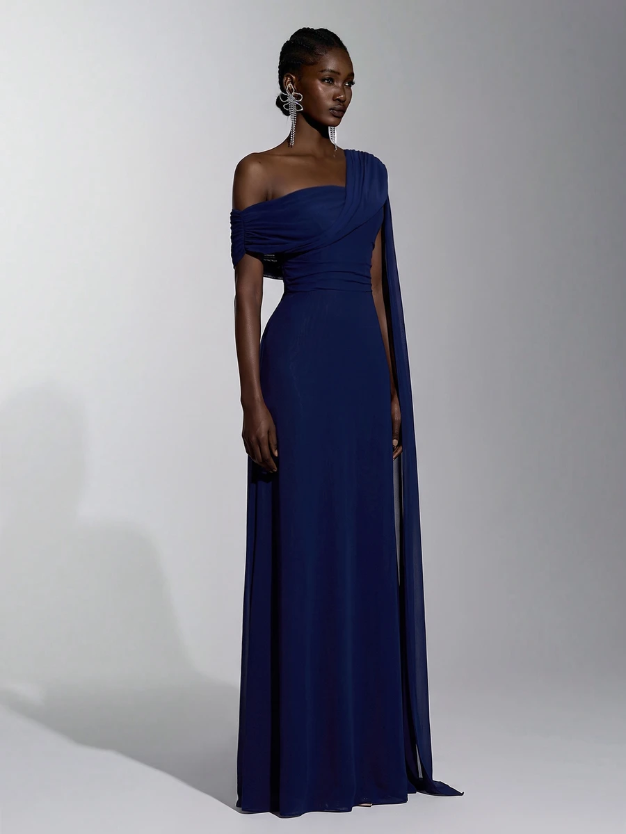 Elitara Gaun Panjang Model A-Line Elegan Berwarna Merah dengan Detail Kerut dan Hiasan Jala Angora, Satu Bahu, untuk Wanita, Cocok untuk Pernikahan, Acara Formal, dan Gaun Pengiring Pengantin. - Navy Blue - View 1
