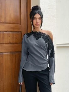 Siren Gaze Women's Asymmetrical Shoulder Lace Patchwork Pleated Elegant Top - Dusty Blue - View 7
