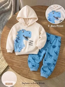 Cozy Pixies 男嬰寬鬆休閒運動風極簡卡通動物可愛恐龍運動風景3D街頭塗鴉舒適針織軟帽衫套頭衛衣休閒套裝，適合秋冬 - 彩色 - 查看 1